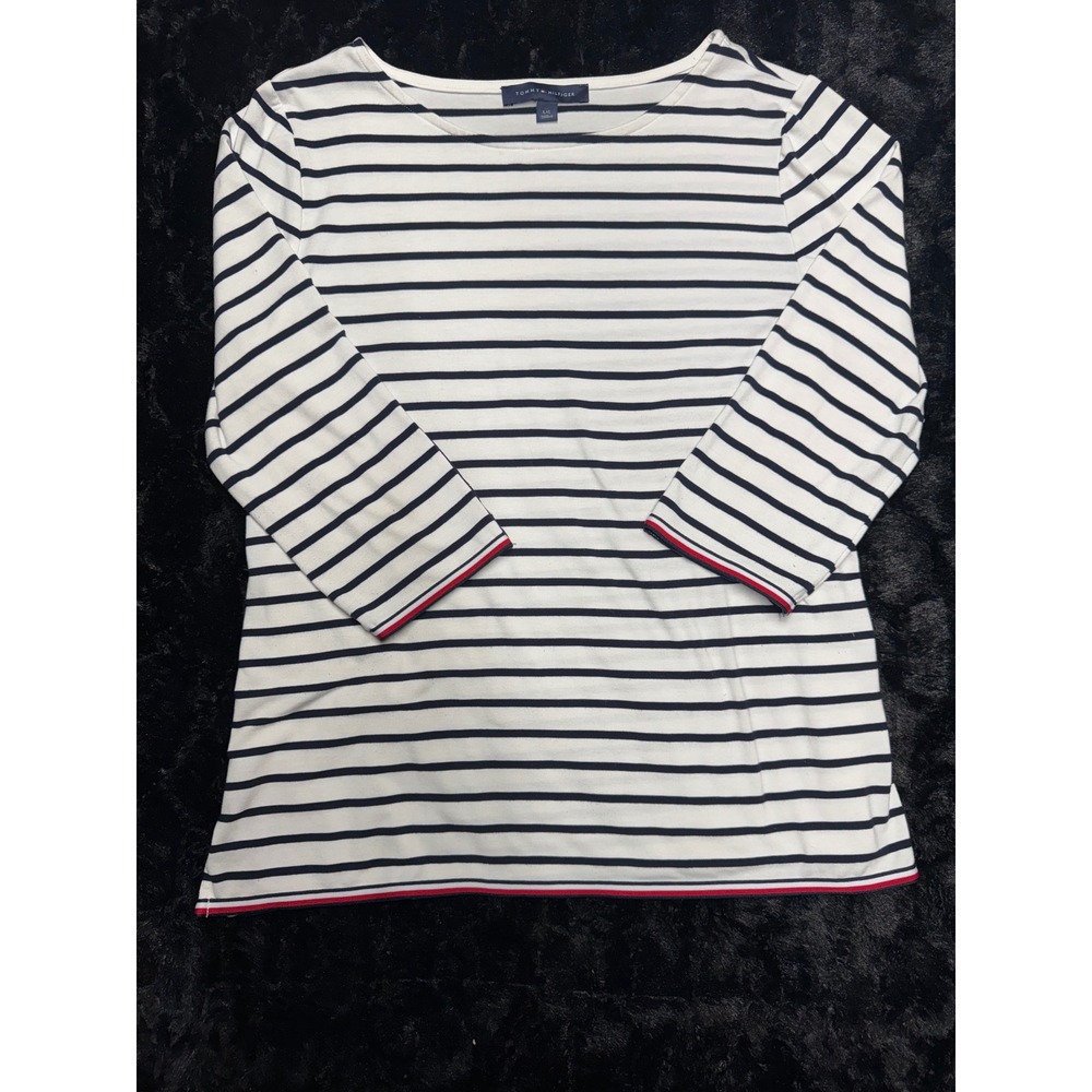 Tommy Hilfiger Womens Large Striped Boat Neck Top 3/4 Sleeve Gold Buttons Navy